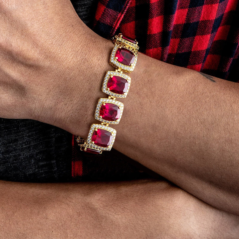 Gold Plated Mens Iced Ruby Bracelet