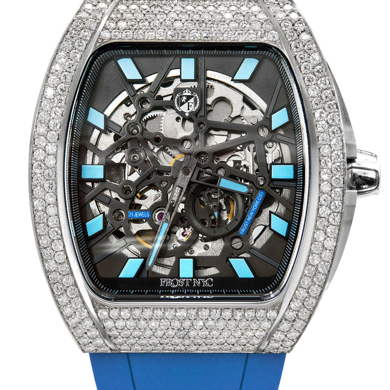 Frost NYC Mens Watch - Automatic Skeleton Stainless Steel Diamond Sport Watch | FRST-01-SS-D | Blue