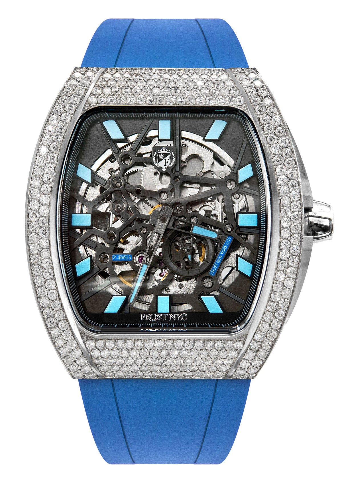 Frost NYC Mens Watch - Automatic Skeleton Stainless Steel Diamond Sport Watch | FRST-01-SS-D | Blue
