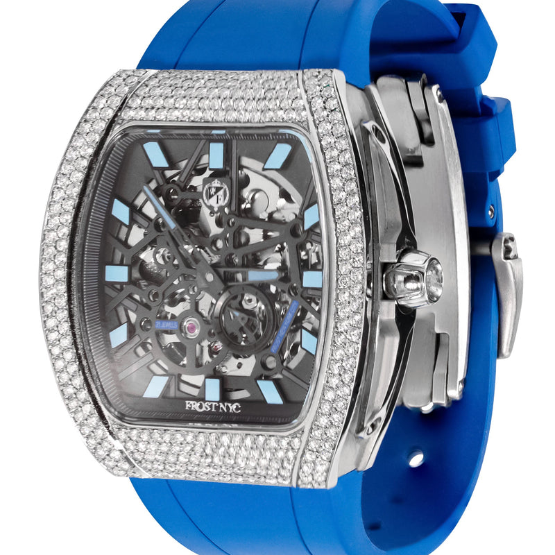 Frost NYC Mens Watch - Automatic Skeleton Stainless Steel Diamond Sport Watch | FRST-01-SS-D | Blue
