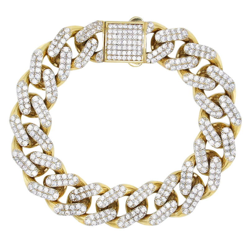 CZ Iced Out Semi Solid  Mens Miami Cuban Link Bracelet 10K/14K Yellow Gold