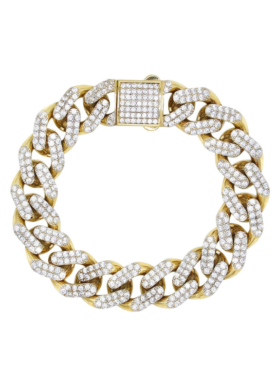 CZ Iced Out Semi Solid  Mens Miami Cuban Link Bracelet 10K/14K Yellow Gold