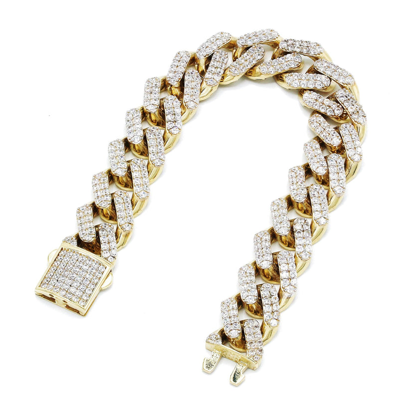 CZ Iced Out Semi Solid  Mens Miami Cuban Link Bracelet 10K/14K Yellow Gold