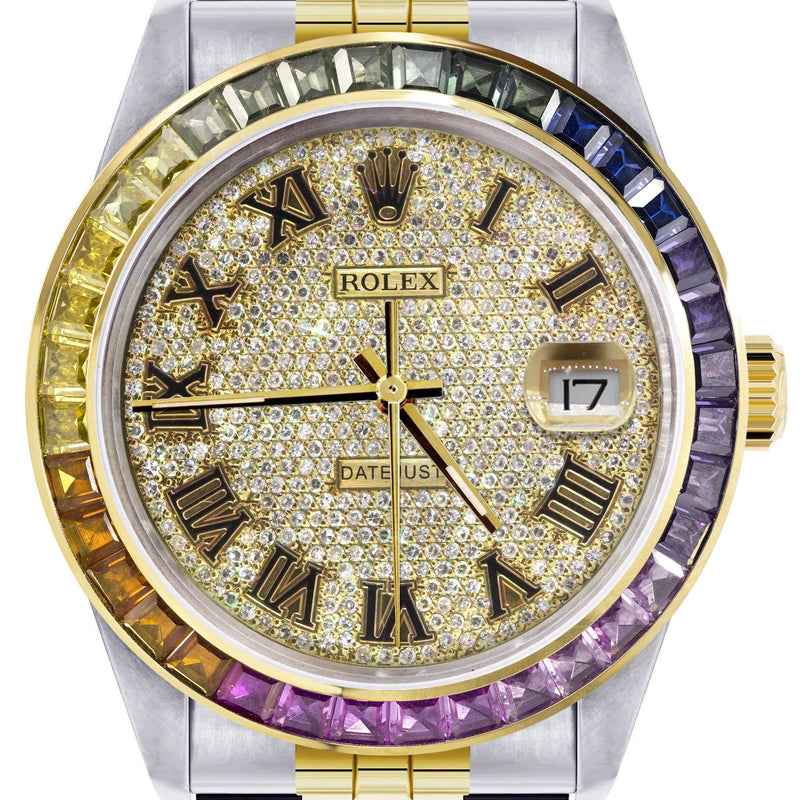 Diamond Gold Rolex Watch For Men 16233 | 36Mm | Rainbow Sapphire Bezel | Full Diamond Roman Numeral | Jubilee Band
