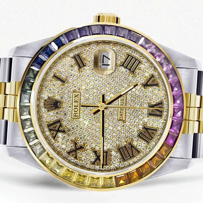 Diamond Gold Rolex Watch For Men 16233 | 36Mm | Rainbow Sapphire Bezel | Full Diamond Roman Numeral | Jubilee Band