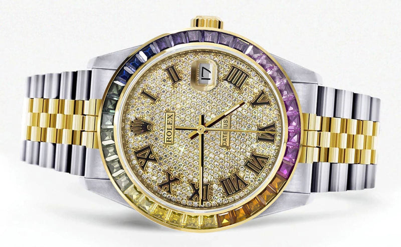 Diamond Gold Rolex Watch For Men 16233 | 36Mm | Rainbow Sapphire Bezel | Full Diamond Roman Numeral | Jubilee Band