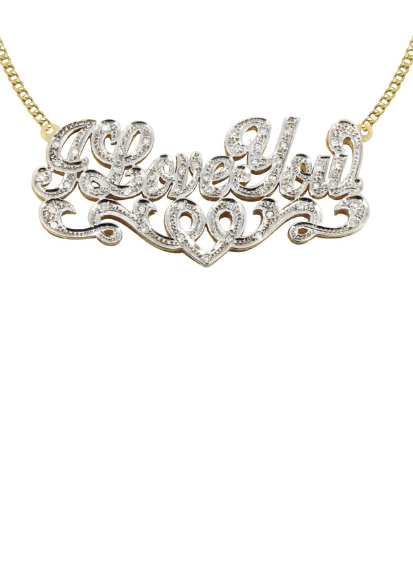 14K Gold  Diamond Cut with Diamonds Name Plate Necklace | Style #24