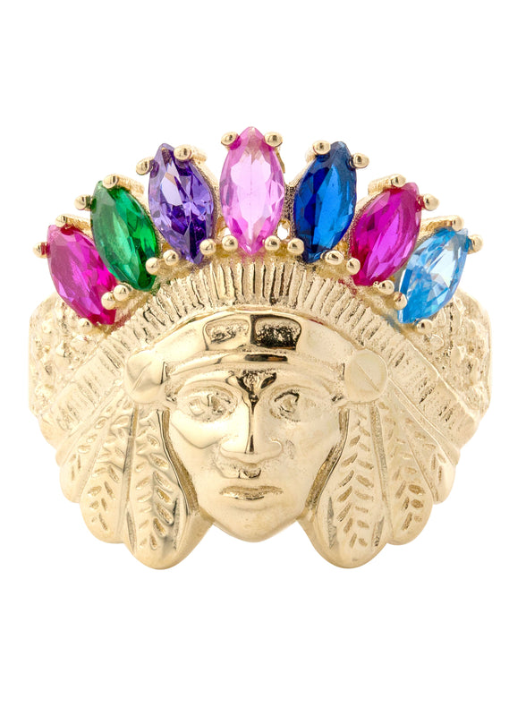 10K Gold Cz Indian Chief Ring For Men | 3.4 Grams