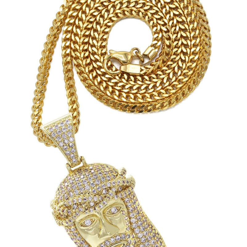 Gold Plated Franco Link Chain & Jesus Head Pendant | Appx. 14.8 Grams