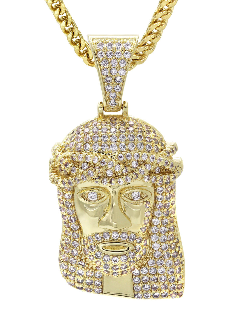 Gold Plated Franco Link Chain & Jesus Head Pendant | Appx. 14.8 Grams