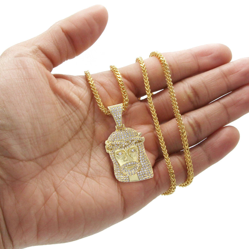 Gold Plated Franco Link Chain & Jesus Head Pendant | Appx. 14.8 Grams
