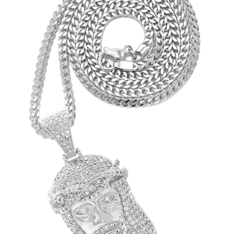 White Gold Plated Franco Link Chain & Jesus Head Pendant | Appx. 14.8 Grams