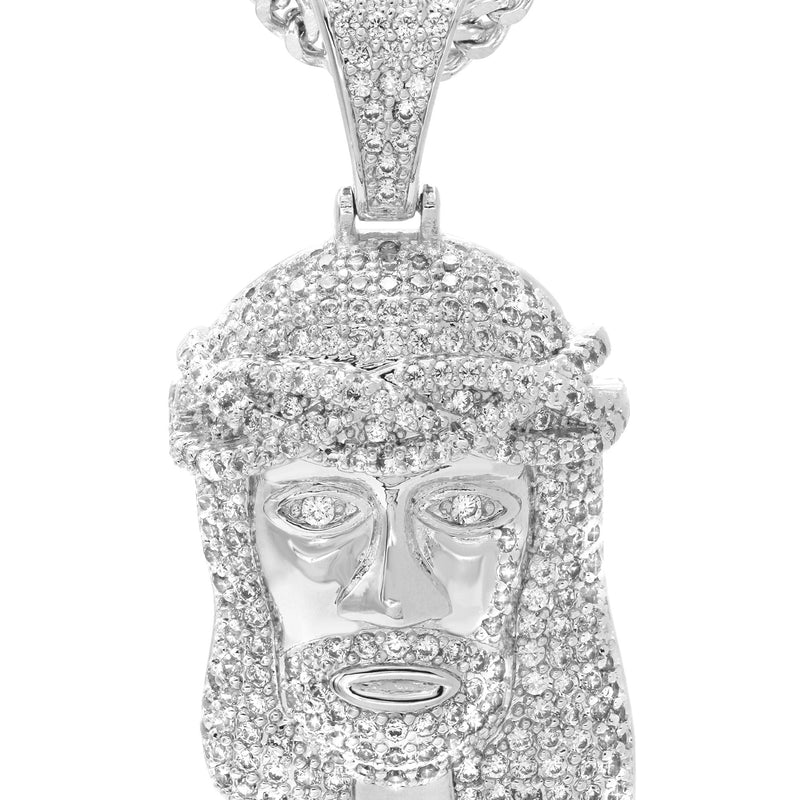 White Gold Plated Franco Link Chain & Jesus Head Pendant | Appx. 14.8 Grams