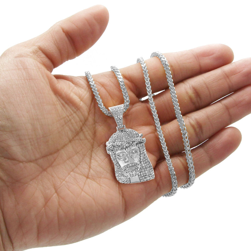 White Gold Plated Franco Link Chain & Jesus Head Pendant | Appx. 14.8 Grams