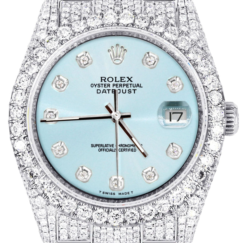 Iced Out Rolex Datejust 36 MM | Stainless Steel | 16.5 Carats of Diamonds | Light Blue Diamond Dial | Oyster Band | Model 116200
