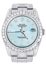 Iced Out Rolex Datejust 36 MM | Stainless Steel | 16.5 Carats of Diamonds | Light Blue Diamond Dial | Oyster Band | Model 116200