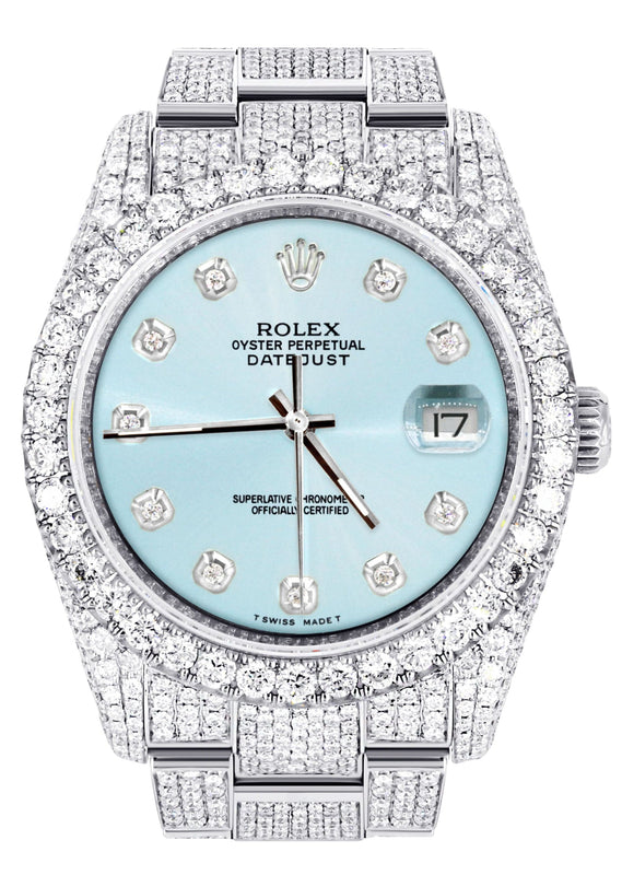 Iced Out Rolex Datejust 36 MM | Stainless Steel | 16.5 Carats of Diamonds | Light Blue Diamond Dial | Oyster Band | Model 116200