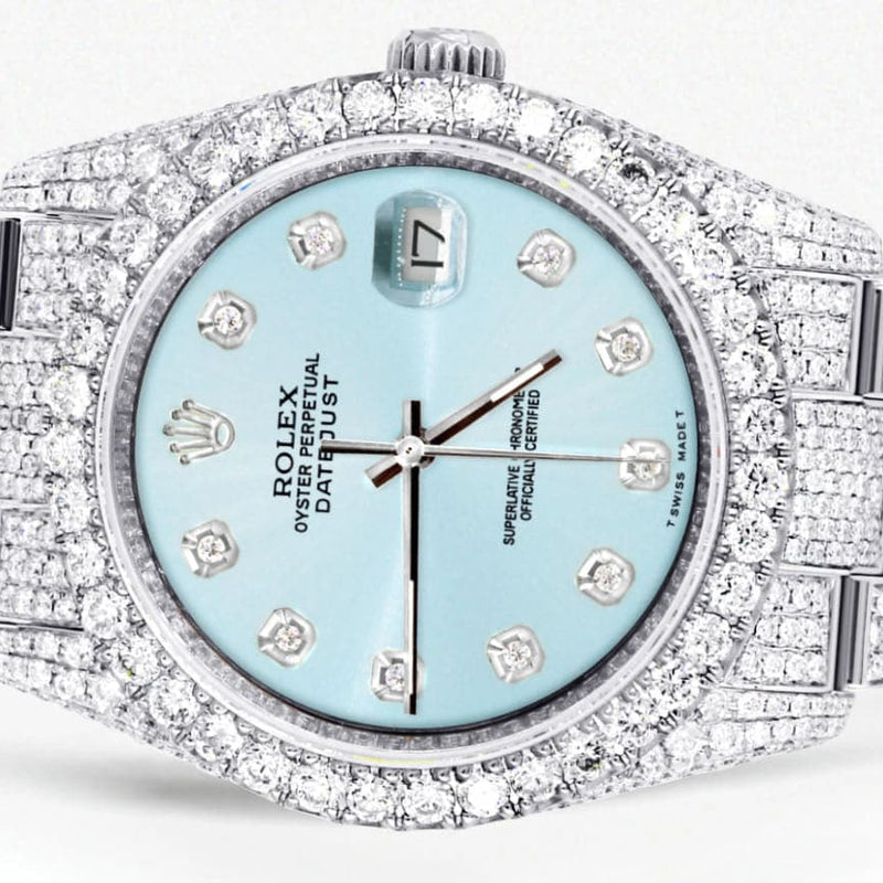 Iced Out Rolex Datejust 36 MM | Stainless Steel | 16.5 Carats of Diamonds | Light Blue Diamond Dial | Oyster Band | Model 116200