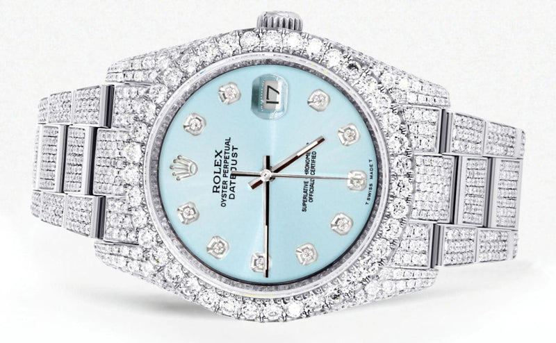 Iced Out Rolex Datejust 36 MM | Stainless Steel | 16.5 Carats of Diamonds | Light Blue Diamond Dial | Oyster Band | Model 116200