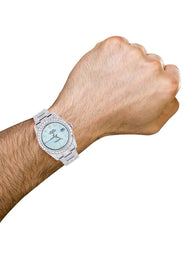 Iced Out Rolex Datejust 36 MM | Stainless Steel | 16.5 Carats of Diamonds | Light Blue Diamond Dial | Oyster Band | Model 116200
