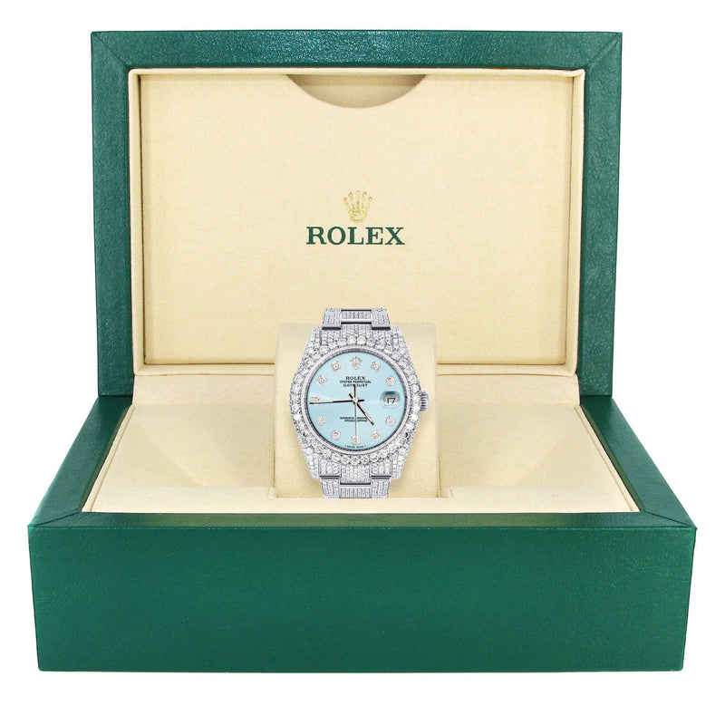 Iced Out Rolex Datejust 36 MM | Stainless Steel | 16.5 Carats of Diamonds | Light Blue Diamond Dial | Oyster Band | Model 116200