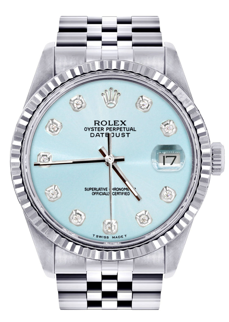 Womens Rolex Datejust Watch 16200 | Fluted Bezel | 36Mm | Light Blue Dial | Fluted Bezel | Jubilee Band