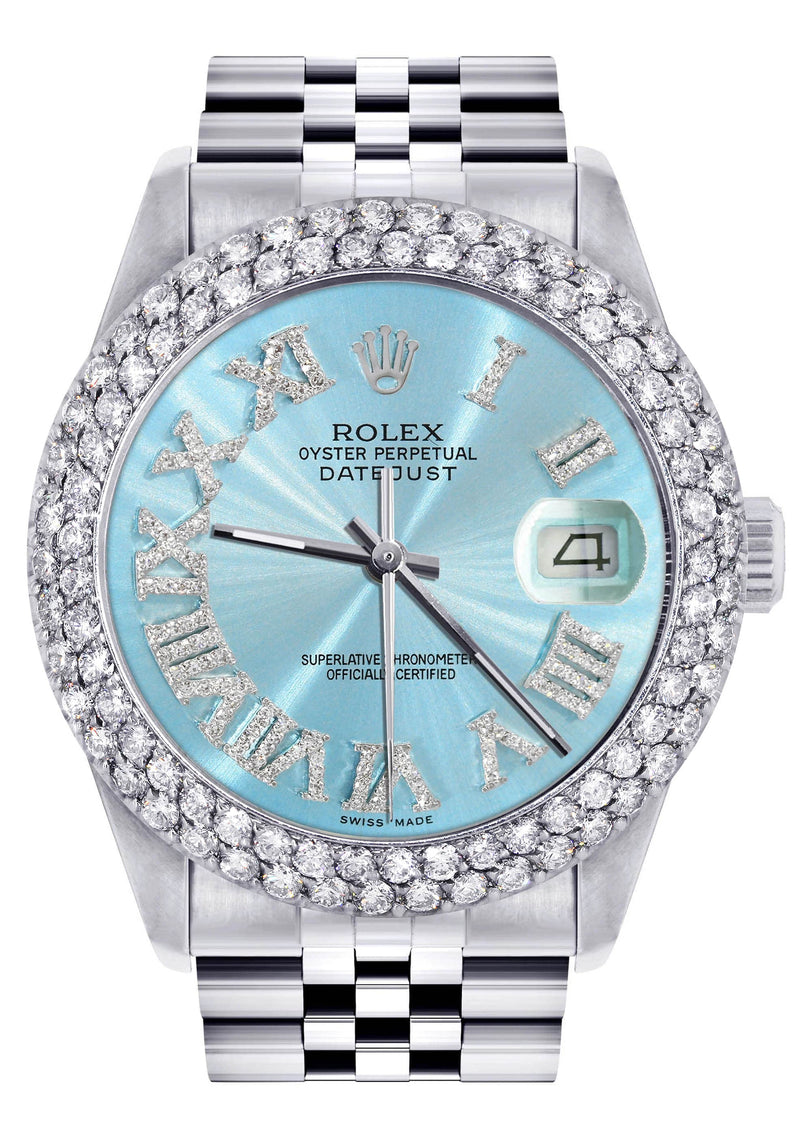 Mens Rolex Datejust Watch 16200 | 36Mm | Light Blue Roman Numeral Dial | Two Row 4.25 Carat Bezel | Jubilee Band