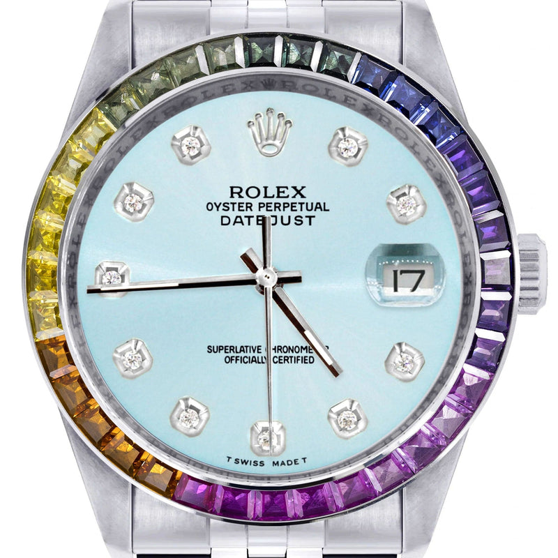 Diamond Gold Rolex Watch For Men 16200 | 36Mm | Rainbow Sapphire Bezel | Light Blue Dial | Jubilee Band