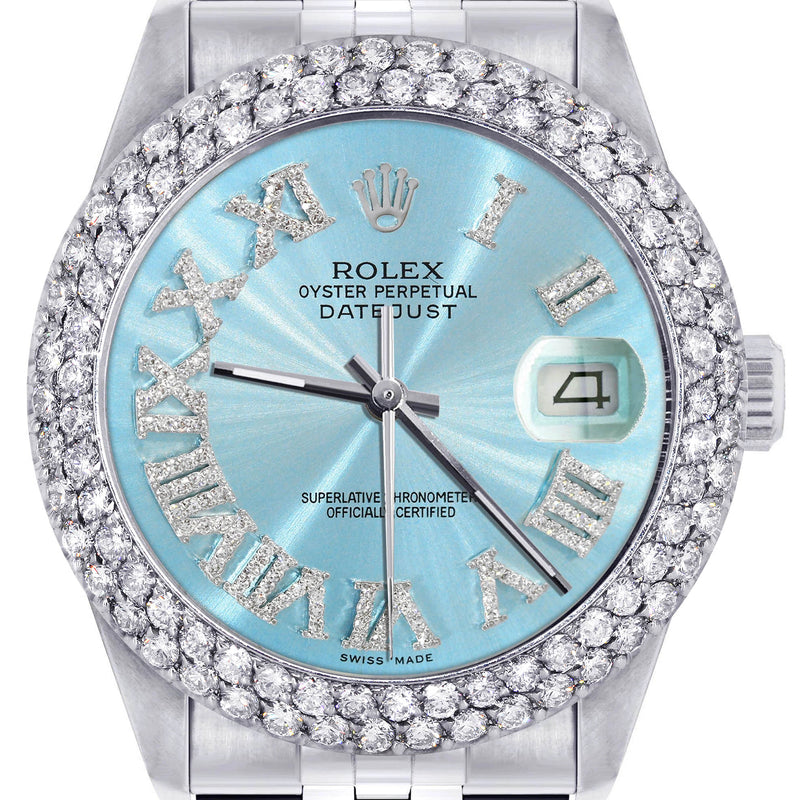 Womens Rolex Datejust Watch 16200 | 36Mm | Light Blue Roman Numeral Dial | Two Row 4.25 Carat Bezel | Jubilee Band