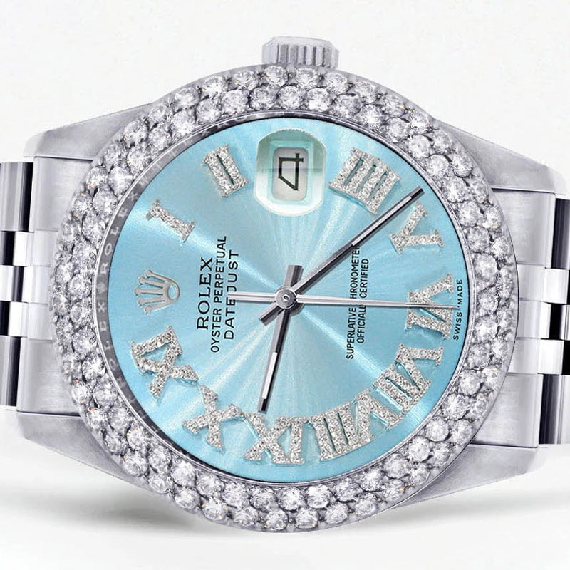 Womens Rolex Datejust Watch 16200 | 36Mm | Light Blue Roman Numeral Dial | Two Row 4.25 Carat Bezel | Jubilee Band