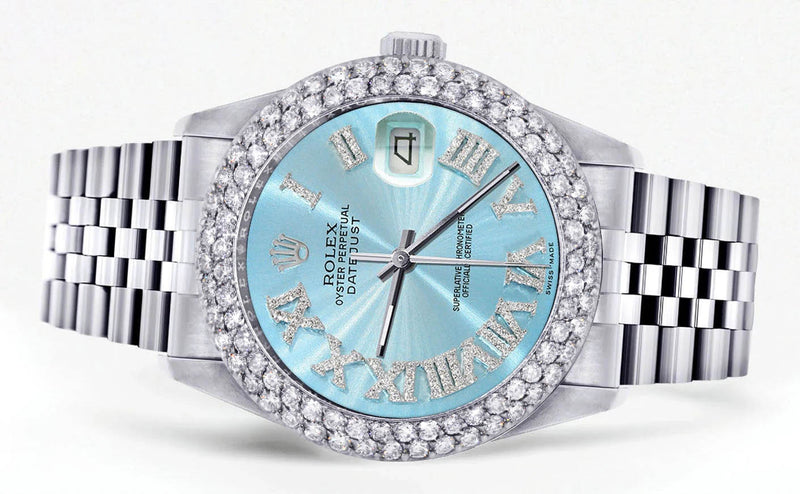Mens Rolex Datejust Watch 16200 | 36Mm | Light Blue Roman Numeral Dial | Two Row 4.25 Carat Bezel | Jubilee Band
