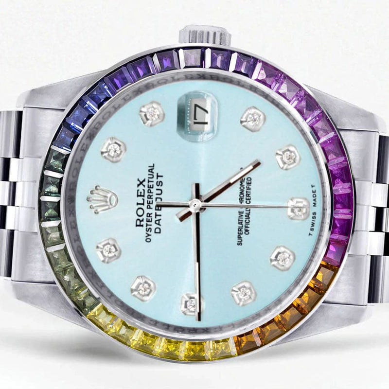 Diamond Gold Rolex Watch For Men 16200 | 36Mm | Rainbow Sapphire Bezel | Light Blue Dial | Jubilee Band