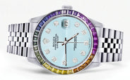 Diamond Gold Rolex Watch For Men 16200 | 36Mm | Rainbow Sapphire Bezel | Light Blue Dial | Jubilee Band