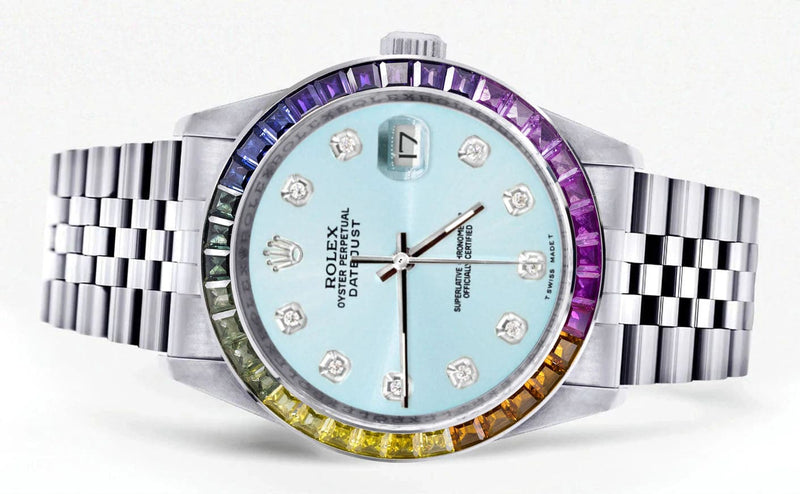 Diamond Gold Rolex Watch For Men 16200 | 36Mm | Rainbow Sapphire Bezel | Light Blue Dial | Jubilee Band