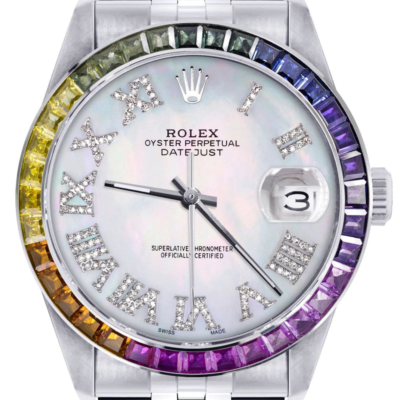 Diamond Gold Rolex Watch For Men 16200 | 36Mm | Rainbow Sapphire Bezel | Light Mother Of Pearl Roman Numeral Dial | Jubilee Band
