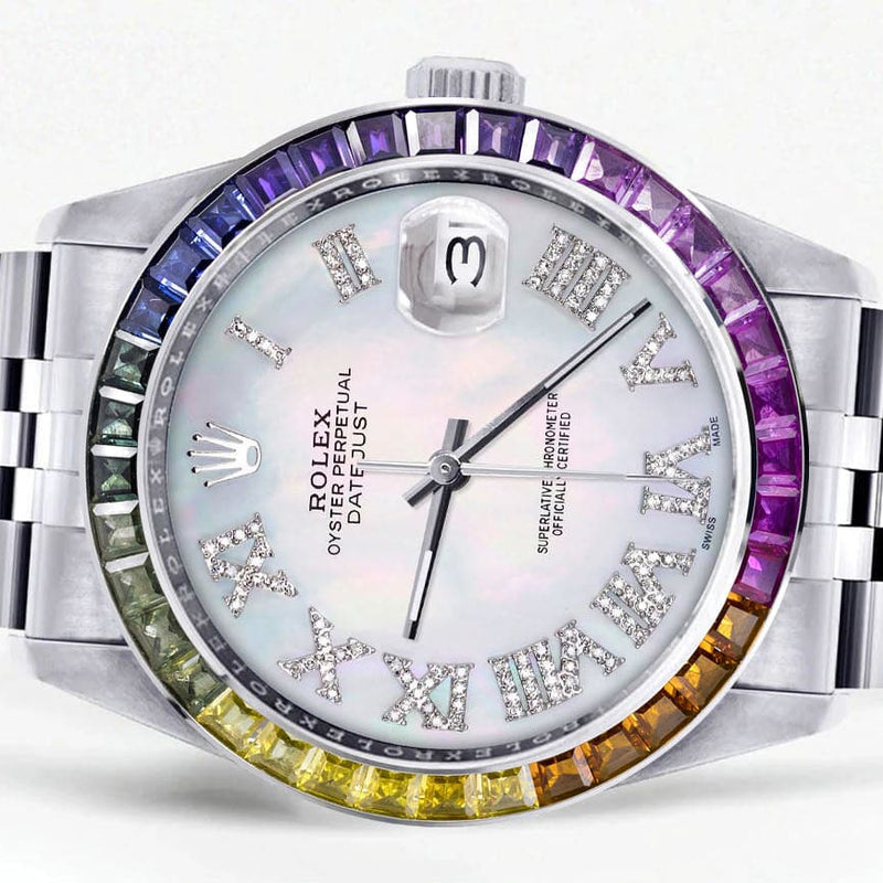Diamond Gold Rolex Watch For Men 16200 | 36Mm | Rainbow Sapphire Bezel | Light Mother Of Pearl Roman Numeral Dial | Jubilee Band