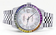 Diamond Gold Rolex Watch For Men 16200 | 36Mm | Rainbow Sapphire Bezel | Light Mother Of Pearl Roman Numeral Dial | Jubilee Band