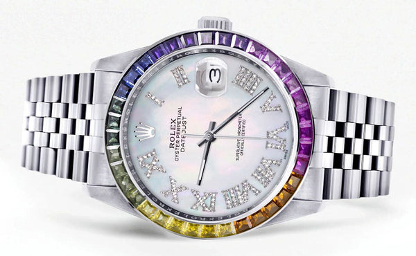 Diamond Gold Rolex Watch For Men 16200 | 36Mm | Rainbow Sapphire Bezel | Light Mother Of Pearl Roman Numeral Dial | Jubilee Band