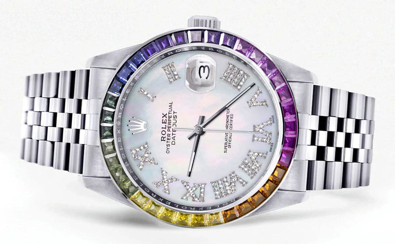 Diamond Gold Rolex Watch For Men 16200 | 36Mm | Rainbow Sapphire Bezel | Light Mother Of Pearl Roman Numeral Dial | Jubilee Band