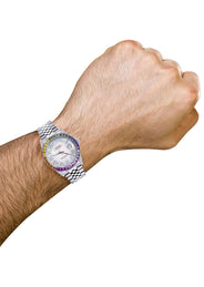 Diamond Gold Rolex Watch For Men 16200 | 36Mm | Rainbow Sapphire Bezel | Light Mother Of Pearl Roman Numeral Dial | Jubilee Band