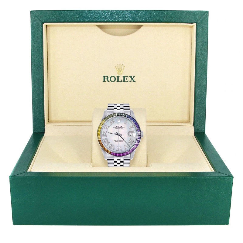 Diamond Gold Rolex Watch For Men 16200 | 36Mm | Rainbow Sapphire Bezel | Light Mother Of Pearl Roman Numeral Dial | Jubilee Band