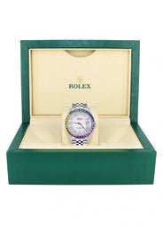 Diamond Gold Rolex Watch For Men 16200 | 36Mm | Rainbow Sapphire Bezel | Light Mother Of Pearl Roman Numeral Dial | Jubilee Band