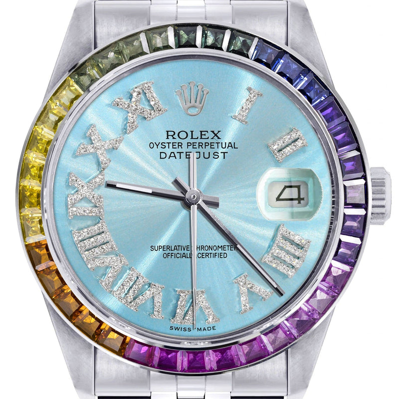 Diamond Gold Rolex Watch For Men 16200 | 36Mm | Rainbow Sapphire Bezel | Light Blue Roman Numeral Dial | Jubilee Band