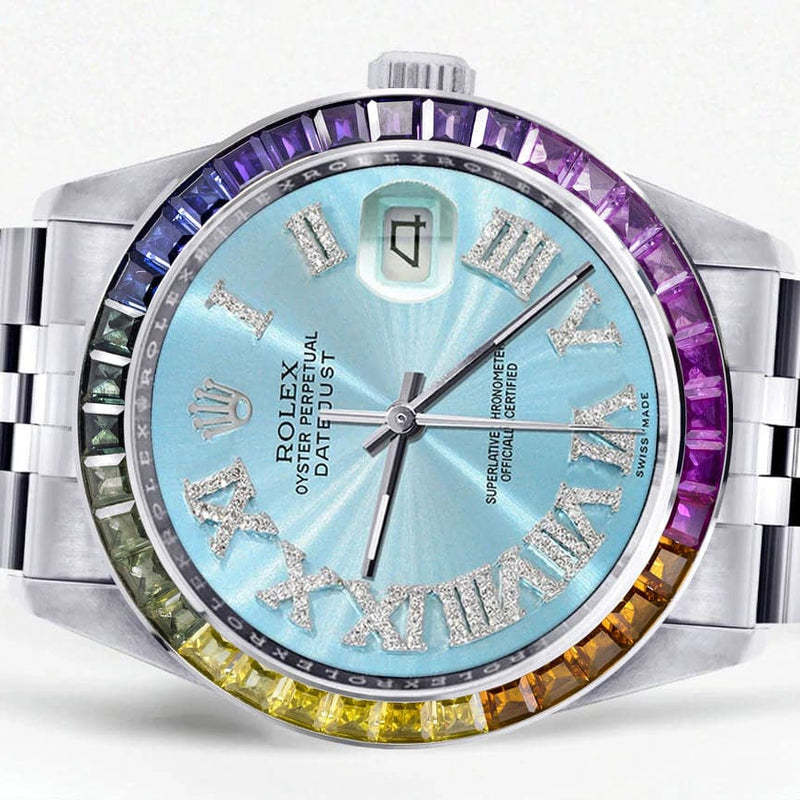 Diamond Gold Rolex Watch For Men 16200 | 36Mm | Rainbow Sapphire Bezel | Light Blue Roman Numeral Dial | Jubilee Band