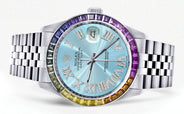 Diamond Gold Rolex Watch For Men 16200 | 36Mm | Rainbow Sapphire Bezel | Light Blue Roman Numeral Dial | Jubilee Band