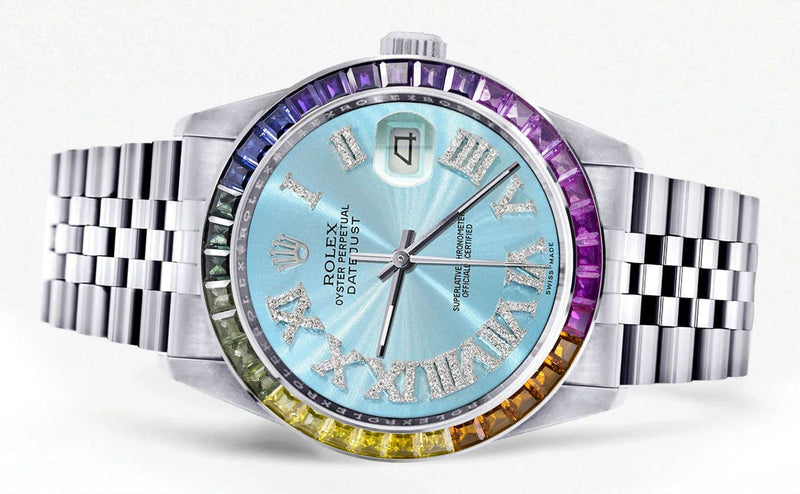 Diamond Gold Rolex Watch For Men 16200 | 36Mm | Rainbow Sapphire Bezel | Light Blue Roman Numeral Dial | Jubilee Band