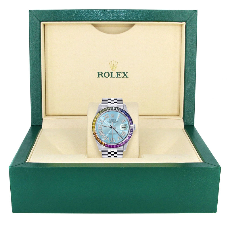 Diamond Gold Rolex Watch For Men 16200 | 36Mm | Rainbow Sapphire Bezel | Light Blue Roman Numeral Dial | Jubilee Band