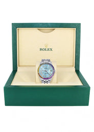 Diamond Gold Rolex Watch For Men 16200 | 36Mm | Rainbow Sapphire Bezel | Light Blue Roman Numeral Dial | Jubilee Band