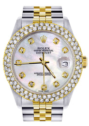 Diamond Gold Rolex Watch For Men 16233 | 36Mm | Mother of Pearl Dial | Two Row 4.25 Carat Bezel | Jubilee Band
