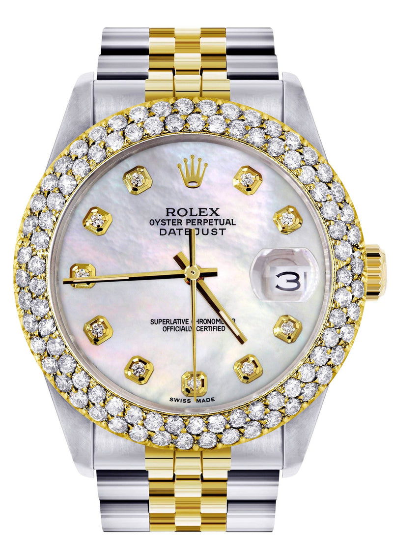 Diamond Gold Rolex Watch For Men 16233 | 36Mm | Mother of Pearl Dial | Two Row 4.25 Carat Bezel | Jubilee Band